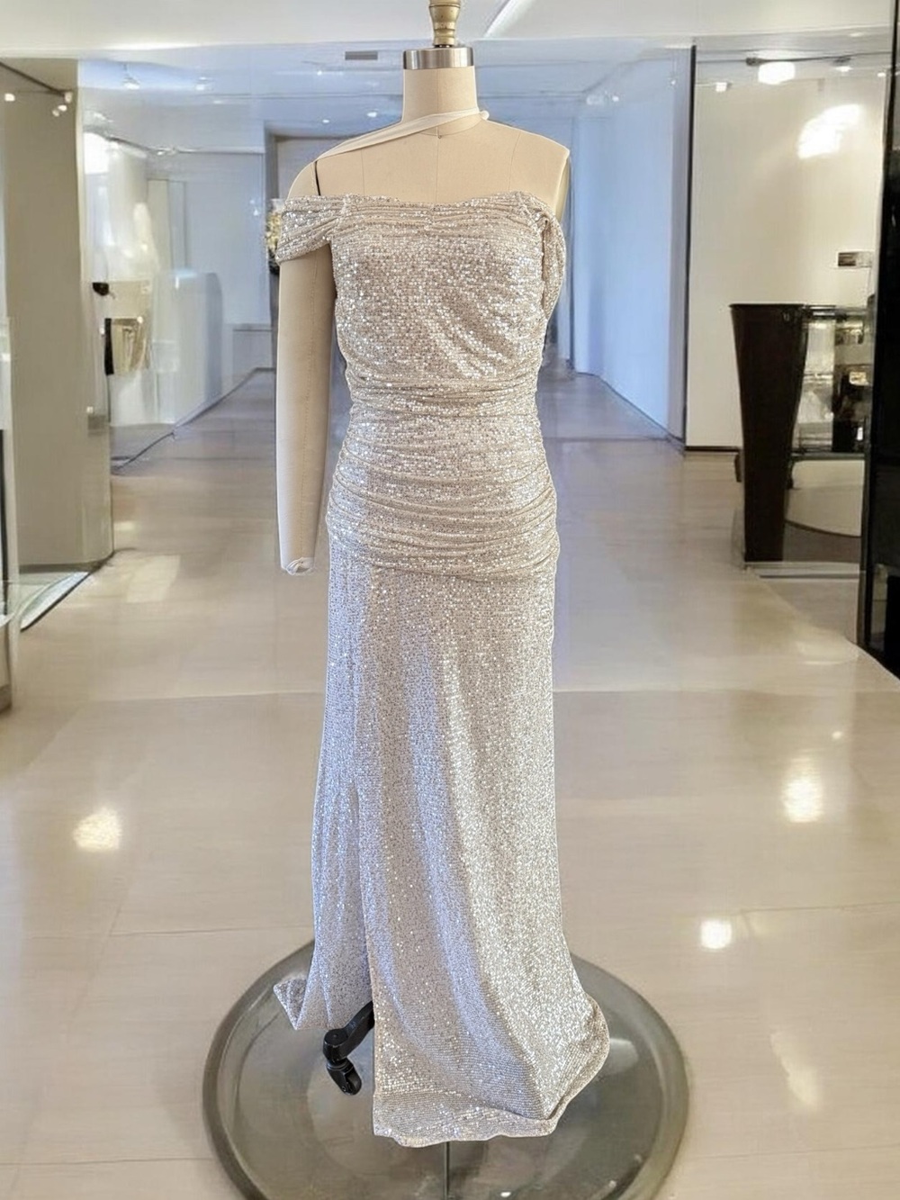 Sequined Off Shoulder Silver Evening Gown